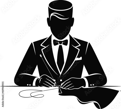 Tailor sewing a suit with needle and thread silhouette