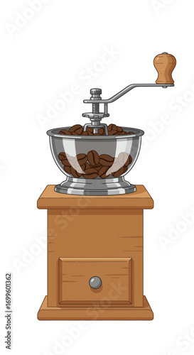 Cartoon Coffee Grinder with Beans on Wooden Stand.