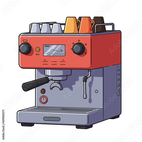 Cartoon Espresso Machine with Cups on Top Red and Gray.