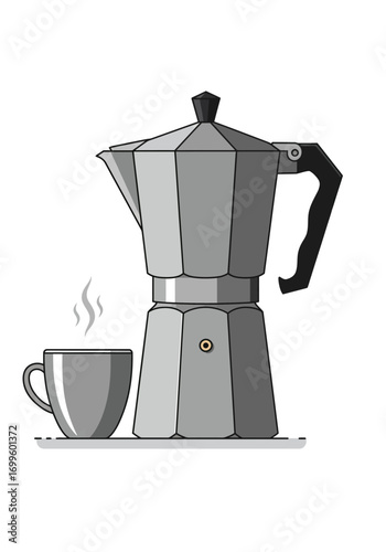 Classic Italian Moka Pot with Cup of Coffee Illustration.