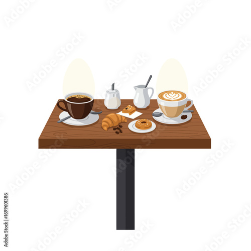 Coffee and Pastries on a Wooden Table Illustration.