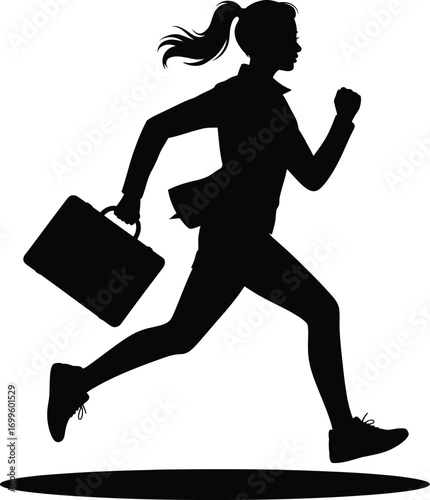 Silhouette of a motivated woman running with a briefcase in a dynamic pose