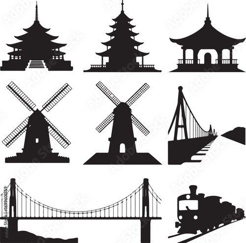 Silhouettes of Asian pagodas windmills and suspension bridges Keywords: pagoda, temple, Asian