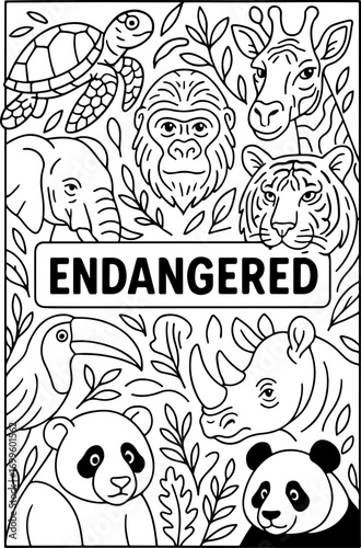 hand drawn vector doodle illustration of endangered coloring page for kids line art