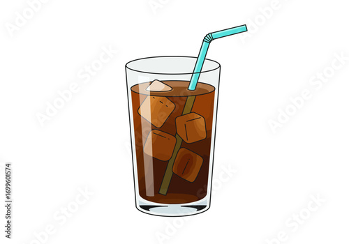 Refreshing Cola Drink with Ice Cubes and Blue Straw.