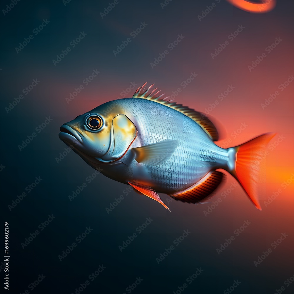 Naklejka premium Detailed illustration of a solitary blue fish with orange fins swimming in dark water with subtle red light