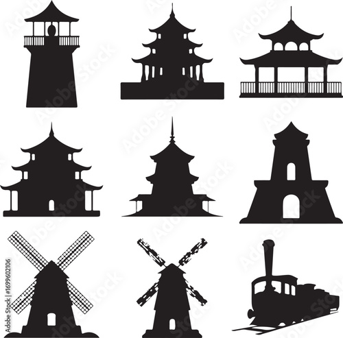 Silhouette Icons of Lighthouses Pagodas Windmills and Train collection