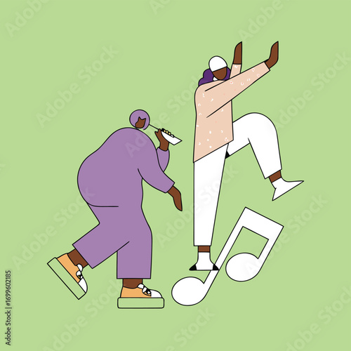 Dynamic duo dancing to music energetic rhythmic movement and joyful expression with musical notes
