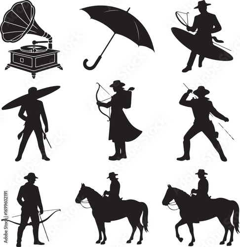 Silhouette Icons of Gramophone Umbrella Surfer Archer and Horse Rider collection