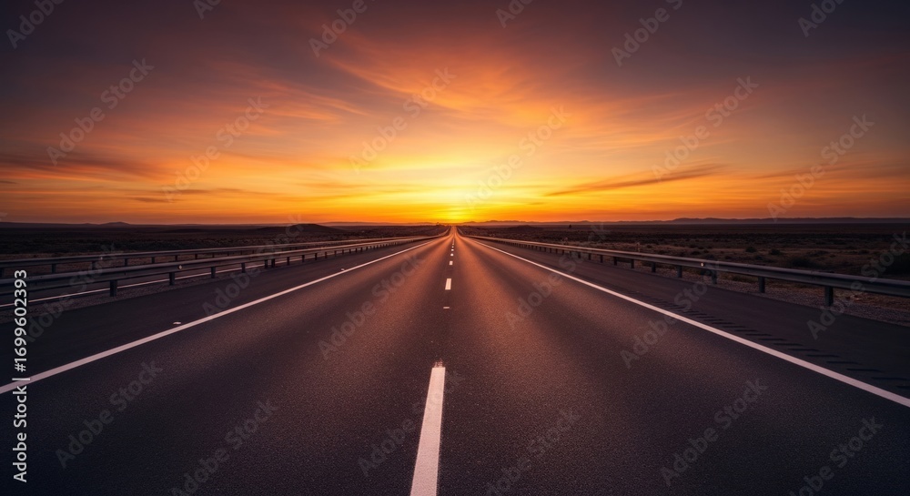 Fototapeta premium Endless highway stretches towards a vibrant sunset, promising adventure and new beginnings.