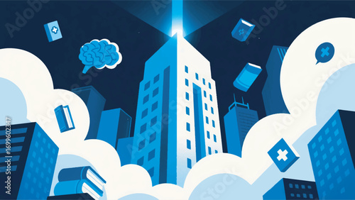 illustration of a building emitting light with education and health icons vector design template