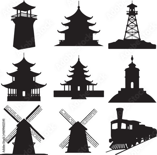Silhouette Collection Of Lighthouses Pagodas Windmills And Steam Train Keywords: lighthouse