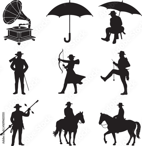 Silhouettes of Vintage Gramophone Umbrella and Cowboy Figures Keywords: gramophone silhouette