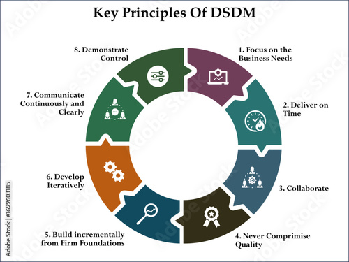 Key Principles Of DSDM. Infographic template with icons and description placeholder