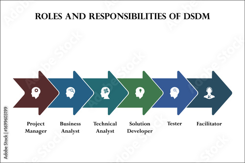 Roles and responsibilities of DSDM. Infographic template with icons and description placeholder