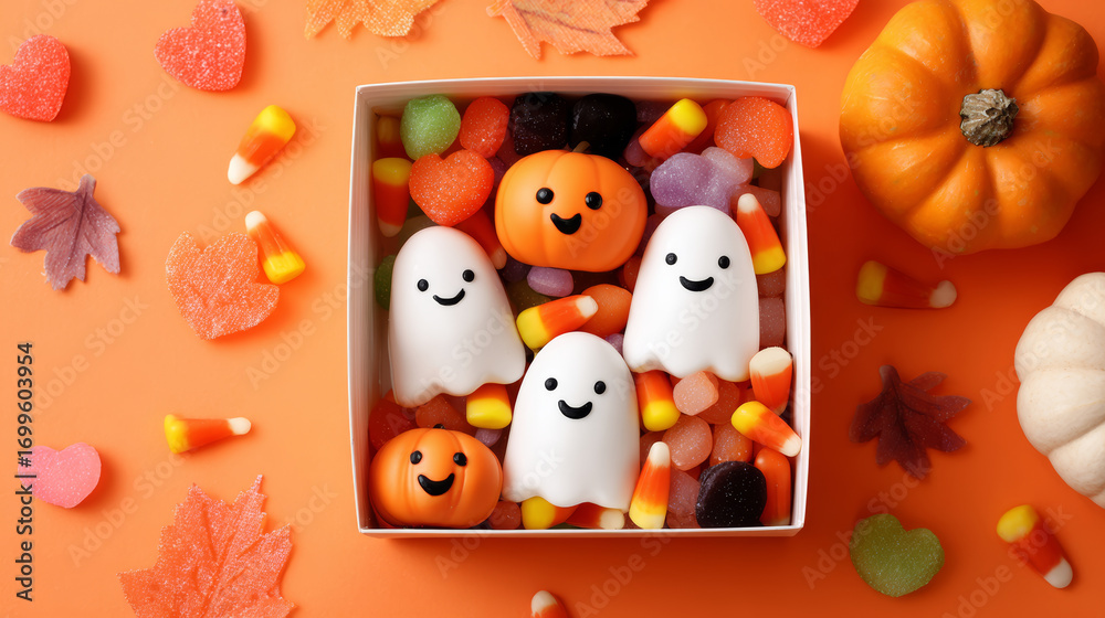 Fototapeta premium Ghost pumpkin candy Halloween orange sweet autumn leaf cute festive Ghost pumpkin candy Halloween orange sweet autumn leaf cute festive treats box