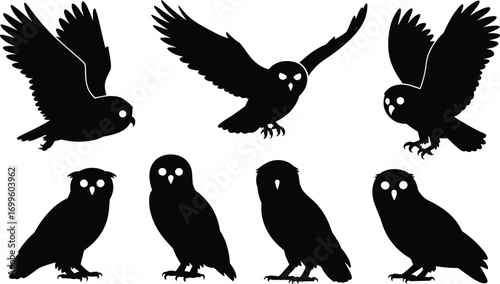 Owl silhouettes in flight and perched, bird of prey vector set, night animal illustration, wildlife symbol, forest bird design