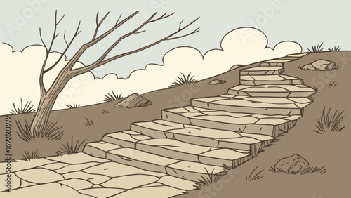 Illustration of stone steps leading up a hill with a bare tree and cloudy sky landscape drawing style