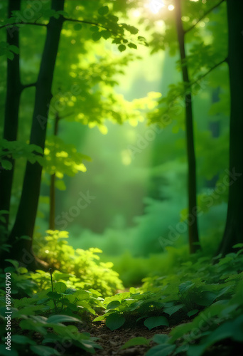 Sunlight filtering through lush green trees creating peaceful woodland scene, inviting natural beauty