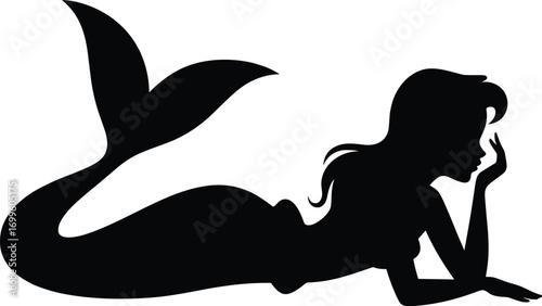 Silhouette of a beautiful mermaid laying down with long hair, fantasy sea creature, vector illustration for magical underwater themes