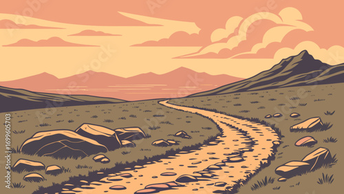 Dirt road through a mountain landscape illustration with sunset sky and scattered rocks and hills scenery view