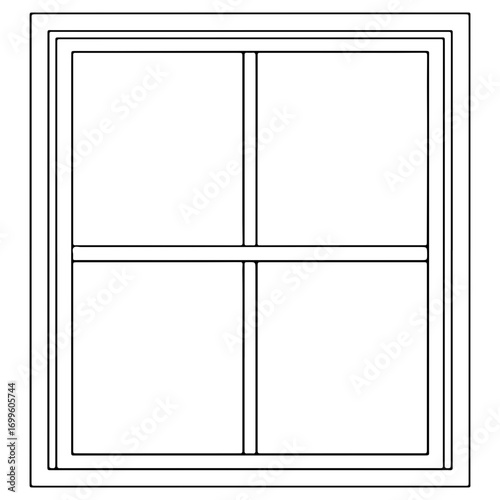 A simple line drawing of a four pane window with a frame. Architectural element illustration for home, house, or interior design concepts.
