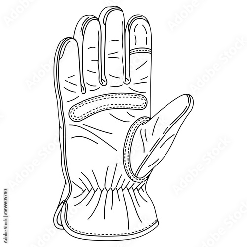 A single leather work glove for protection and safety. Outline drawing for construction, gardening, or industrial themes. Isolated on a white background.