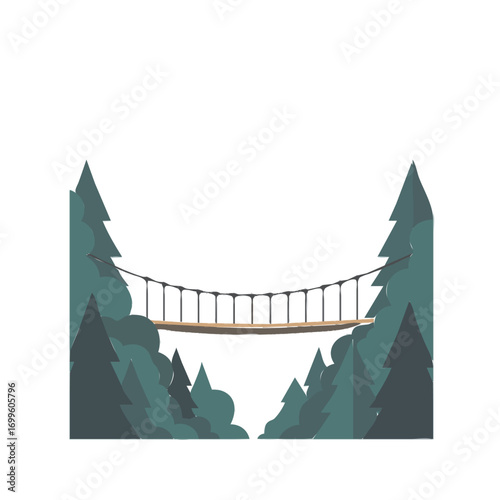 A wooden suspension bridge spans a gap between two dense evergreen forests.
