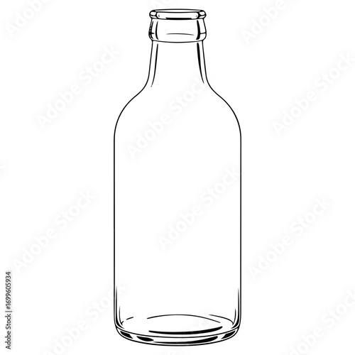 An empty clear glass bottle shown in a simple line art drawing. A reusable container for liquids, beverages, or other substances. Outline illustration.