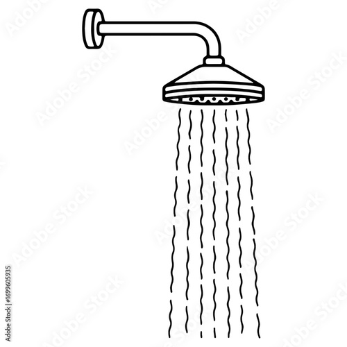 A shower head with flowing water streams. A minimalist line art icon for a bathroom, hygiene, and washing. A symbol for cleaning and personal care.
