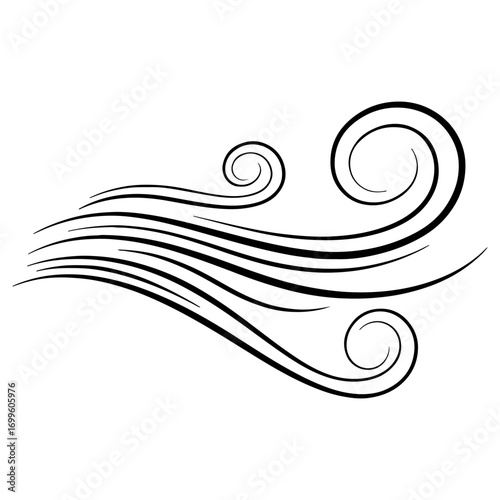 An abstract graphic representation of blowing wind. Swirling lines symbolizing air flow, breeze, and weather. A dynamic and decorative nature element.