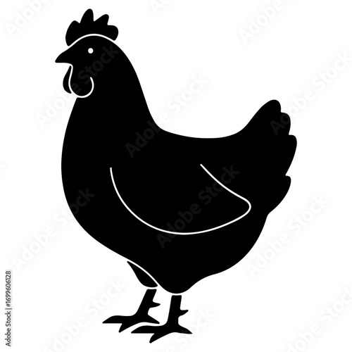 A simple black silhouette of a hen. A clean and bold graphic for farm, agriculture, or food related concepts. Minimalist domestic animal icon for logos or designs.