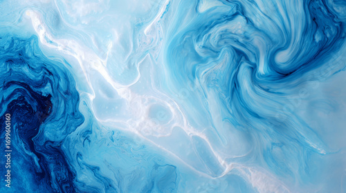 Abstract blue fluid pattern, swirling marble texture with white highlights, modern background for creative design