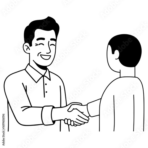 Two smiling men shake hands in agreement. A clean line art illustration representing a deal, partnership, greeting, or successful business negotiation.