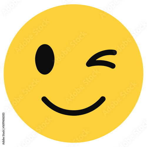 A yellow winking face icon with a happy smile. A fun and positive emoticon expressing joy and friendliness. Simple flat graphic element for communication.