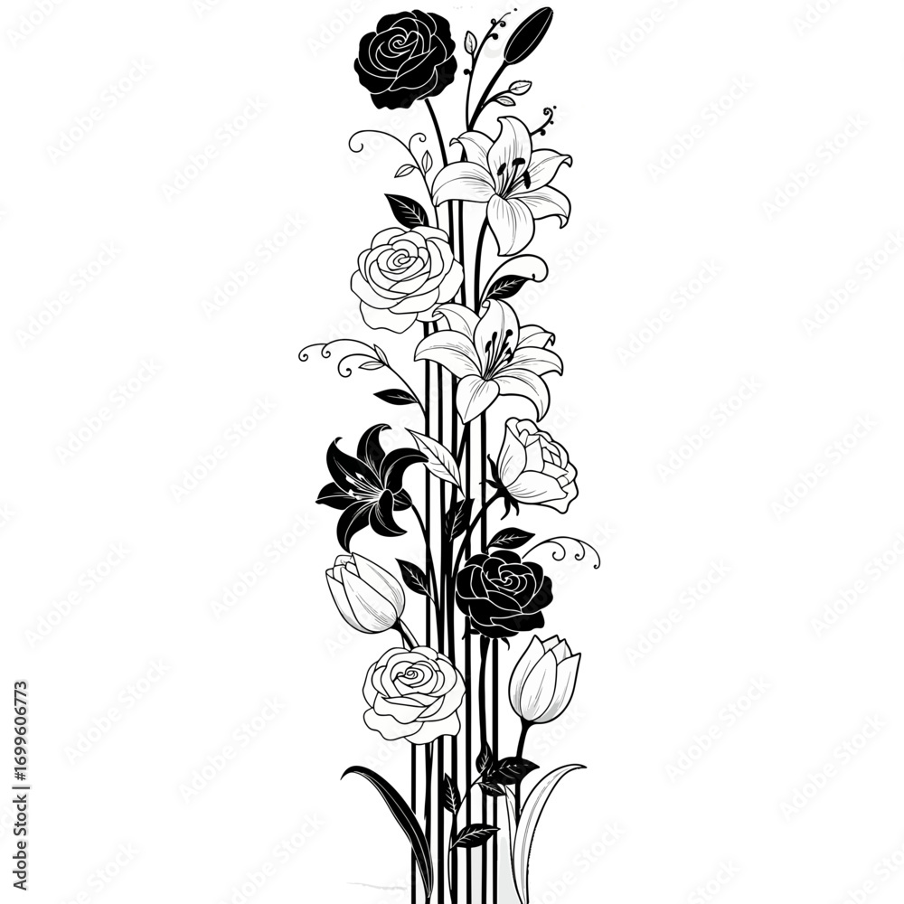 Obraz premium Vertical Floral Arrangement Black Background Line Art Illustration