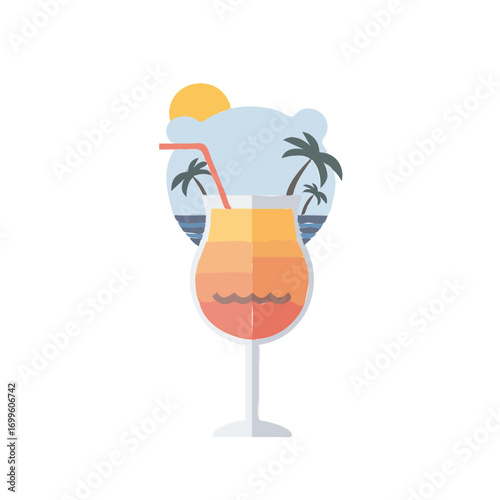 A vibrant tropical cocktail with palm trees and the sun setting over the ocean in the background.