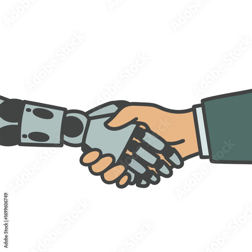 Illustration of a human hand and a robot hand shaking, symbol of cooperation between humans and technology