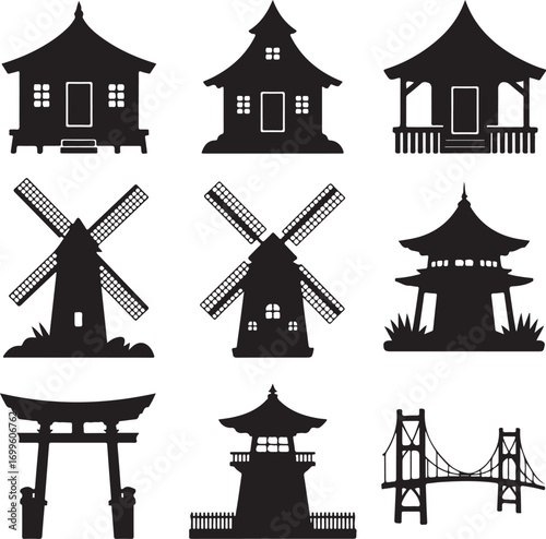 Collection of Silhouetted Traditional Buildings and Structures Keywords: silhouette, building
