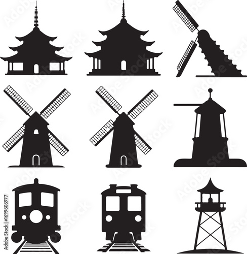 Silhouette Icons of Pagodas Windmills Trains and Lighthouse pagoda silhouette windmill silhouette