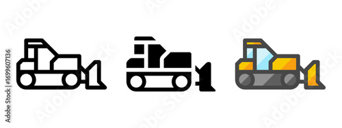Multipurpose bulldozer vector icon in outline, glyph, filled outline style. Three icon style variants in one pack.