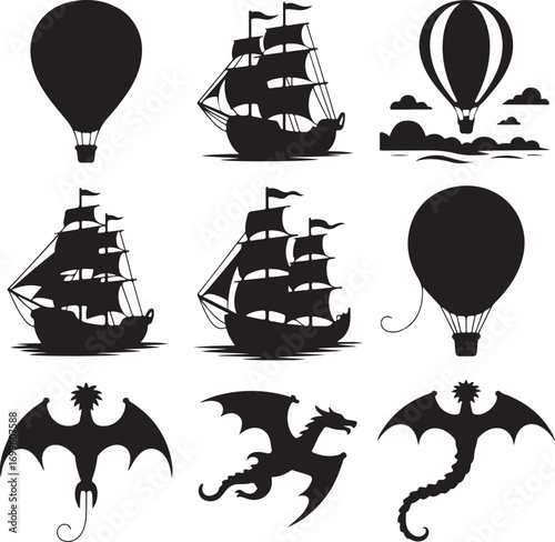 Silhouettes of Hot Air Balloons, Sailing Ships and Dragons on White Background Keywords: silhouette