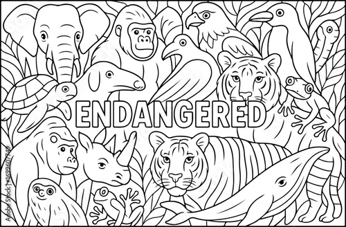 hand drawn vector doodle illustration of endangered coloring page for kids line art