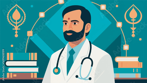 Illustration of a portrait of an elegant and dignified doctor from India vector design template