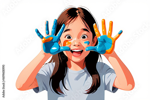 Joyful young girl with colorful painted hands playing and smiling brightly