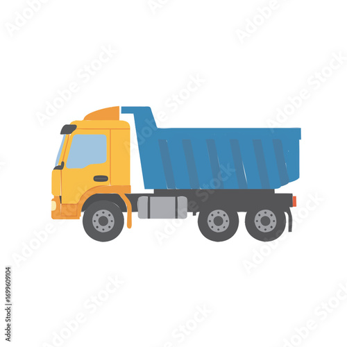 A side view illustration of a yellow and blue dump truck, commonly used in construction and transportation of materials.