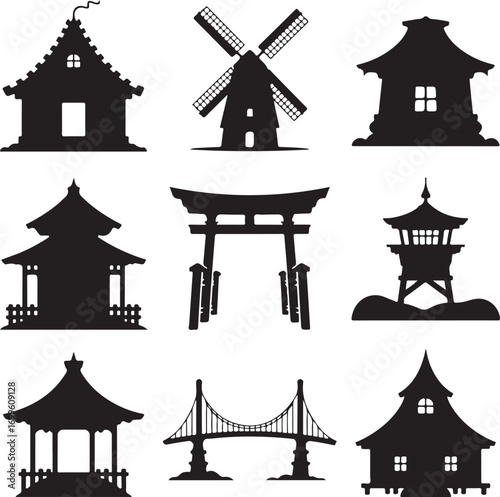 Silhouette collection of diverse architectural styles and structures building windmill