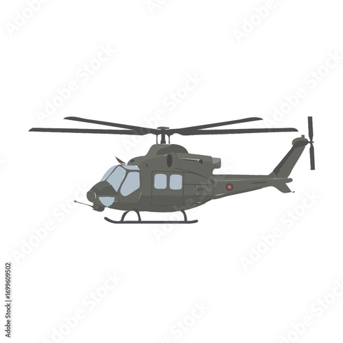 A detailed illustration of a military utility helicopter in a side profile view, showcasing its rotor blades, cockpit, and landing skids.