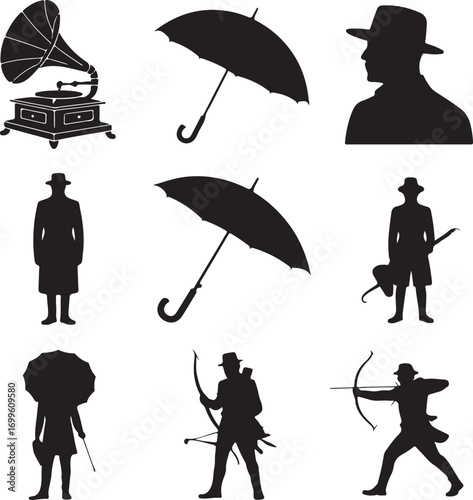 Silhouettes of Vintage Gramophone Umbrella and Men in Hats record player parasol