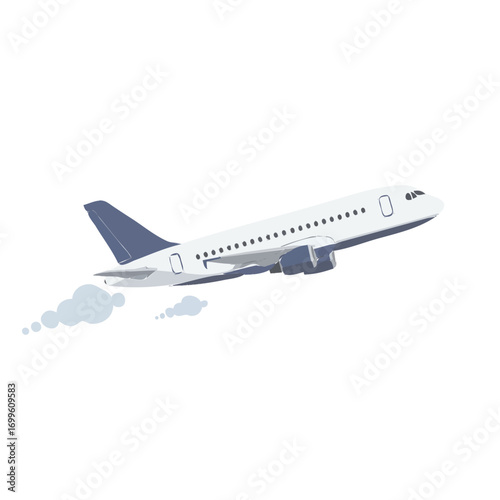 A white passenger airplane with blue accents on its tail and engines is ascending into the sky, leaving a trail of white smoke behind it.